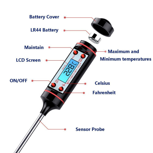 Meat Thermometer 5sec Instant Read Food Probe, Kitchen Thermometer, Digital Multi-function Food Thermometer, Long Probe, Backlit LCD Screen, Auto... 2