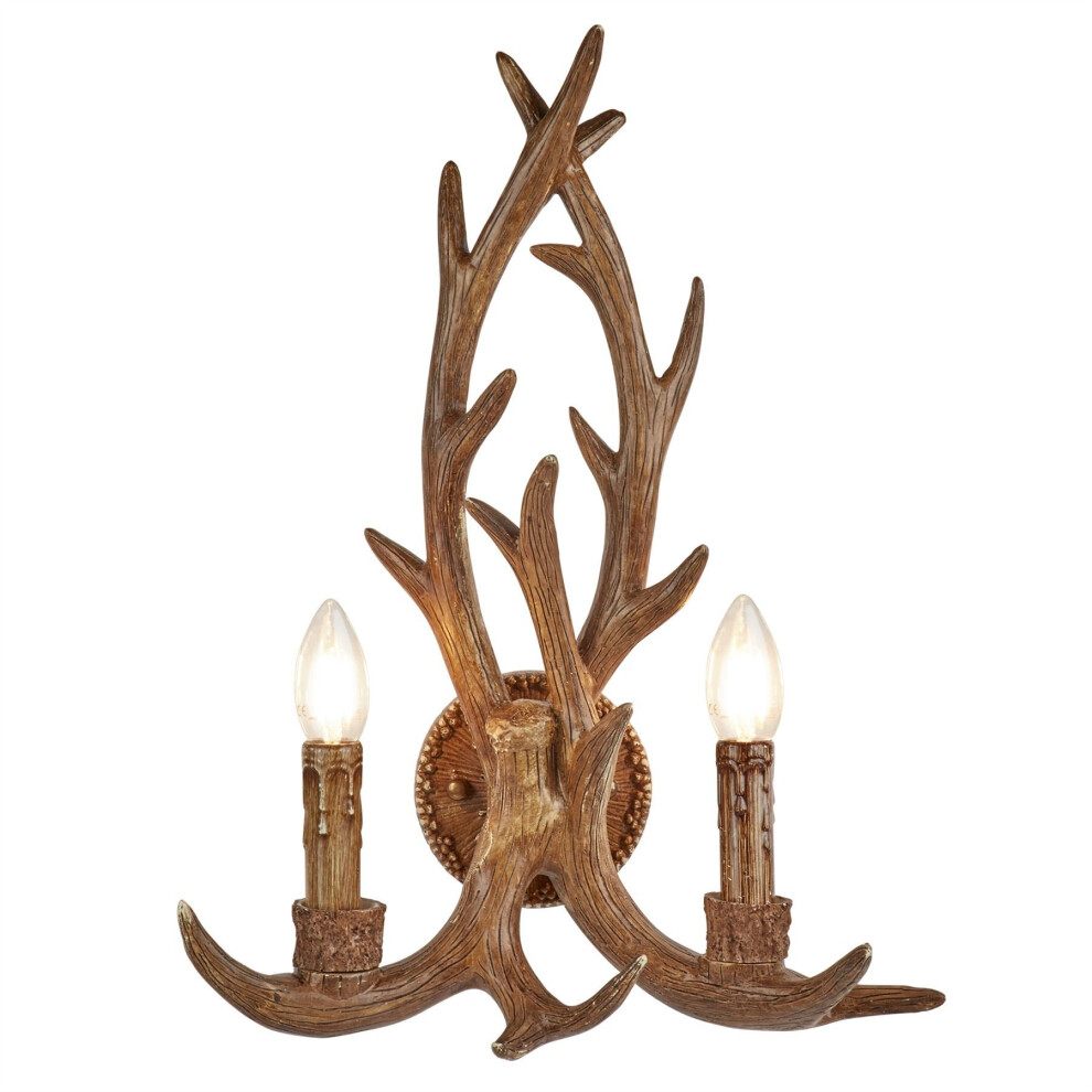 Searchlight Stag 2-Lights Wooden Antler Wall Bracket Light, Candle-Style Indoor Ambient Lighting - 6412-2BR