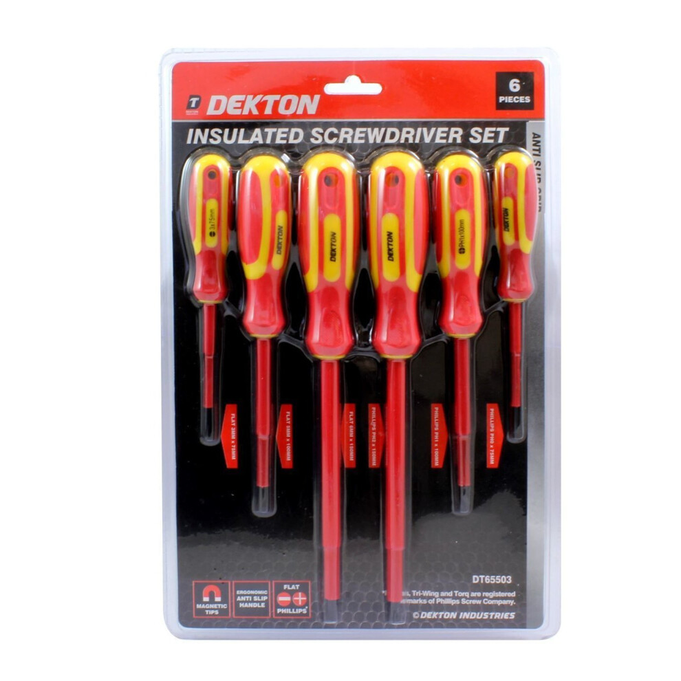 6pc Insulated Magnetic Screwdriver Set - Anti-slip Ergonomic Handles, Flat & Phillips, DT65503