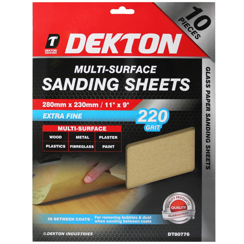 Dekton 10pc Pack of Sanding Sheet Sandpaper Extra Fine 220 Grit 280mm x 230mm