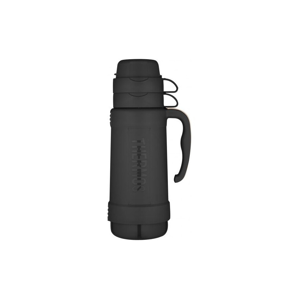 Genuine Thermos Eclipse 1.0L Glass-Lined Vacuum Flask with Travel Handle - Keeps Drinks Hot or Cold, Twist & Pour Stopper, Interlocking Cups, Black