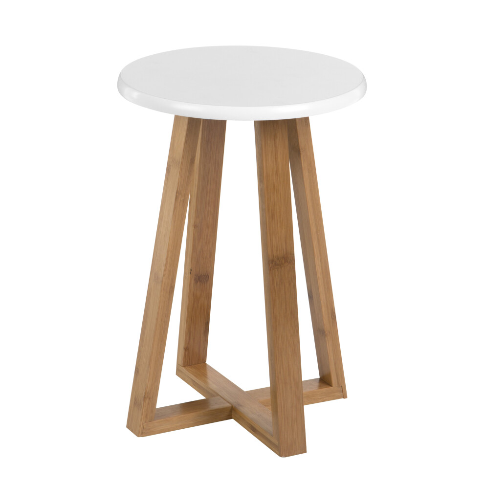 Contemporary White And Natural Bamboo Round Stool, Durable Round Stool For Kitchen, Versatile Kitchen Stool