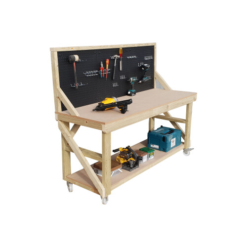 (6ft, Legs With Wheels) Wooden MDF Top Workbench With Pegboard Handmade 1
