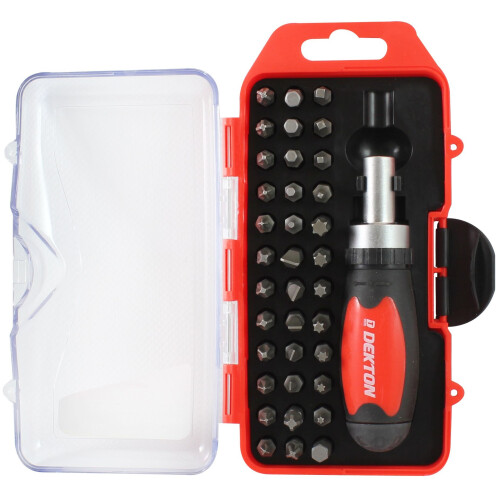 Dekton 38pc Stubby Ratchet Screwdriver Bit Set Torx Hex Pozi Slotted Phillips