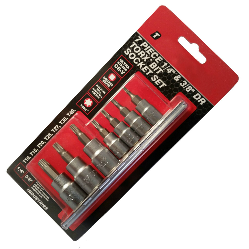 Dekton 7Pc Internal Male Torx Bit Star Socket Set With Rail 1/4" 3/8" Drive T10 - T40 5055441410623