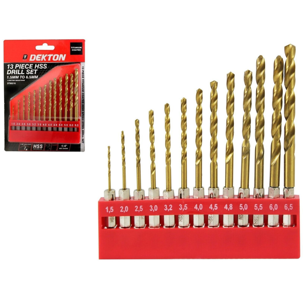 Dekton 13pc HSS Drill Metal Bits Set Titanium Coated 1/4" Hex Fits Impact Driver