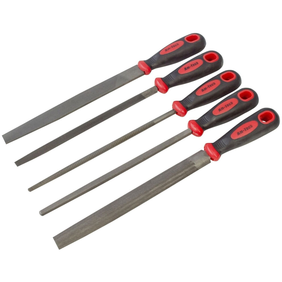 E1360: 5-Piece 8in Soft-Grip Engineer File Set - Half Round, Flat, Square, Triangle & Round, Heavy-Duty Metal Files