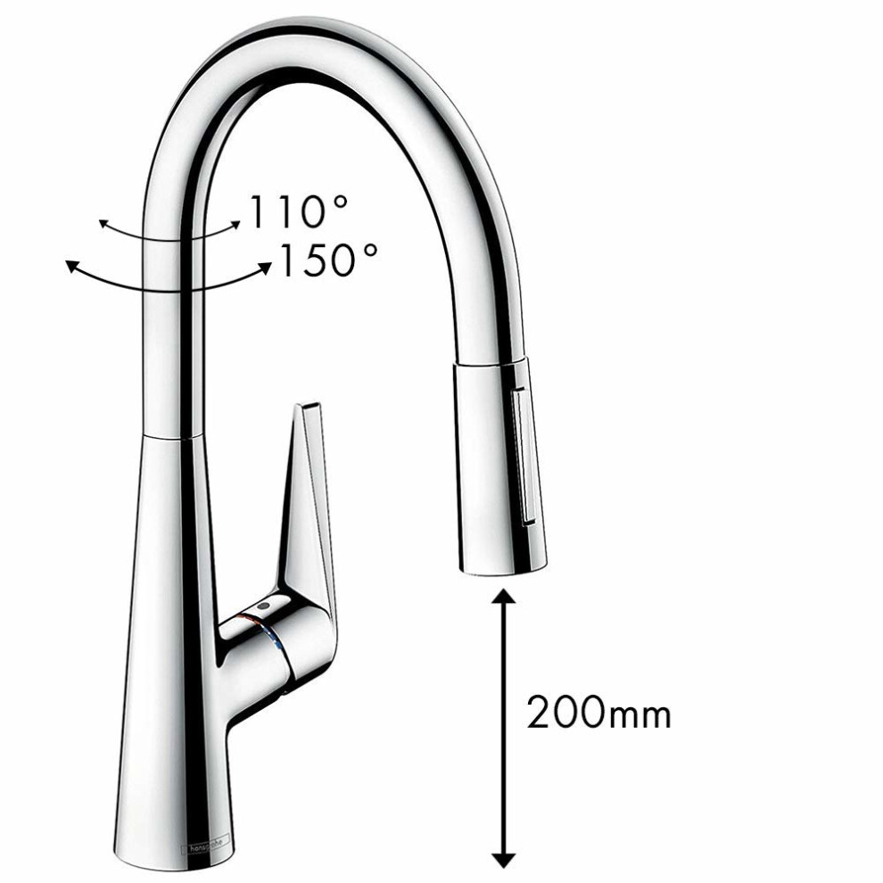 hansgrohe Talis S kitchen tap 200 mm high with pull out spray, swivel spout and 2 spray patterns, chrome 72813000