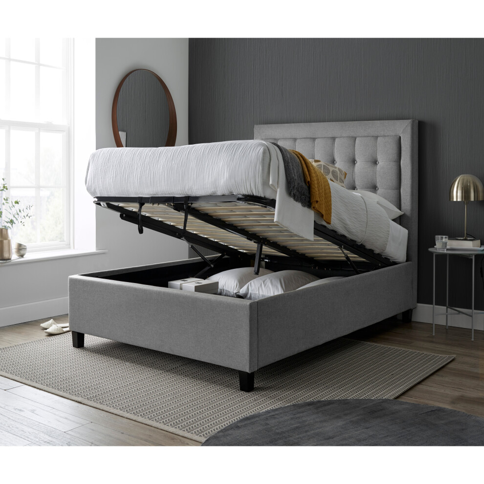 (Double, Pocket Mattress) Brighton Grey Fabric Ottoman Storage Bed and Mattress