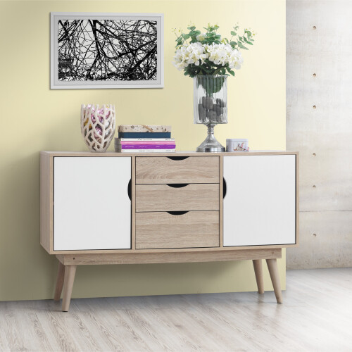 Timber Art Design UK Alford Sideboard 2 Doors 3 Drawers Storage Cabinet Cupboard Oak White