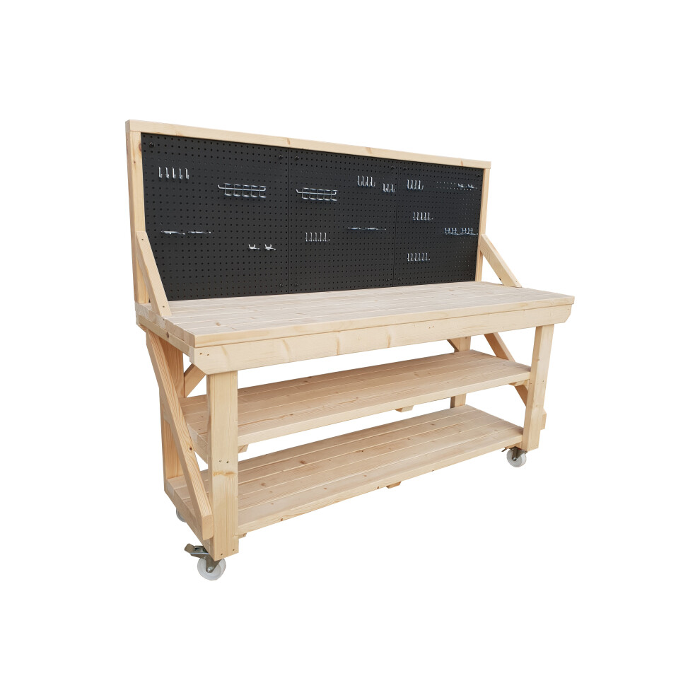 (6Ft, Legs With Wheels) Heavy Duty Kiln-Dry Wooden Workbench With Pegboard And Double Shelf 7426998916162