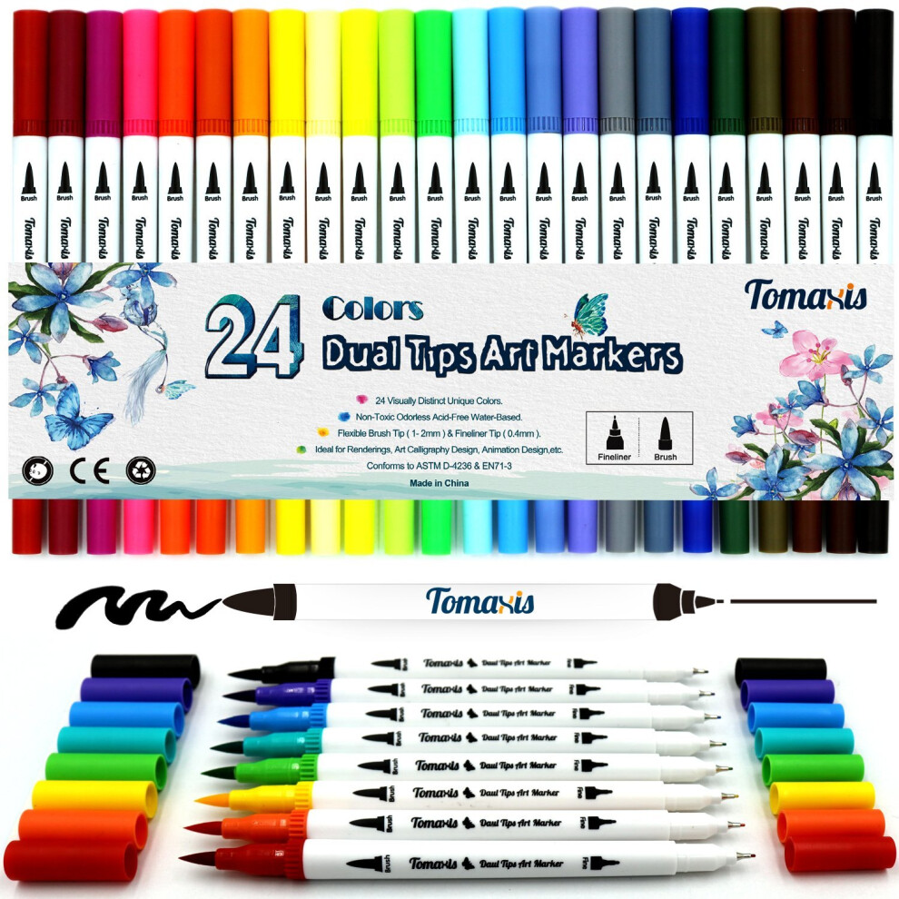 Bullet Journal 24pcs Colouring Pens, 0.4mm Felt Tip Pens Dual Tip Brush Art Markers Fineliner, Water Color Drawing Pens