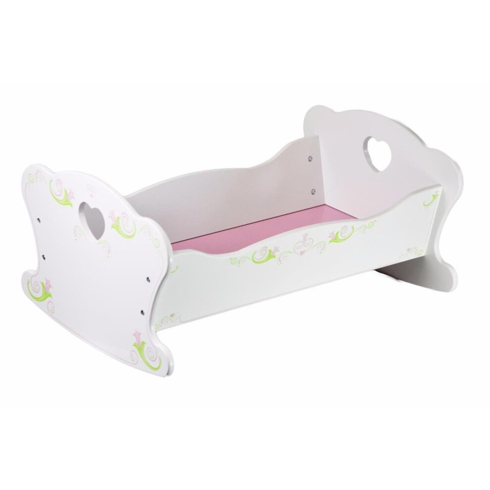 The Magic Toy Shop Dolls Large White Wooden Rocking Cradle Dolls Cot Bed Heart Design