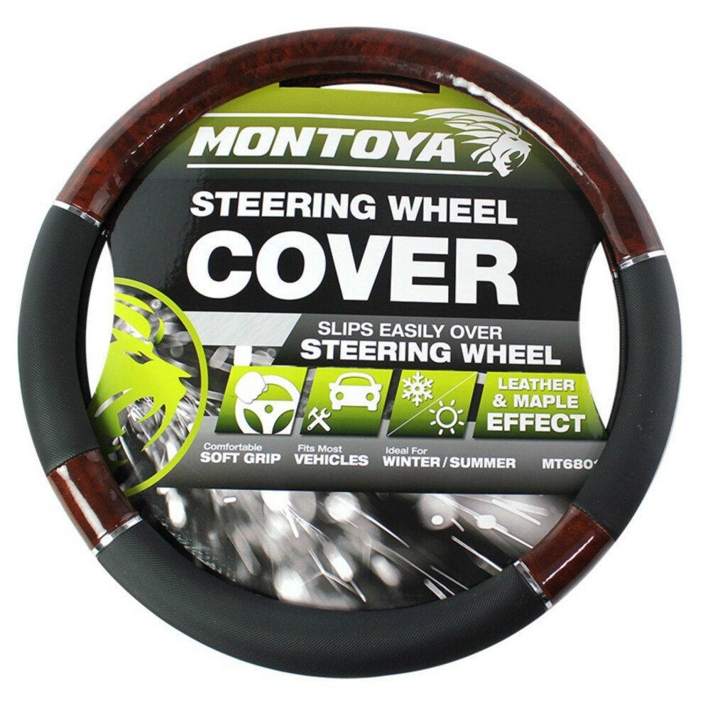 Montoya Steering Wheel Cover Black And Maple Wood Leather Look Fits Car Or Van