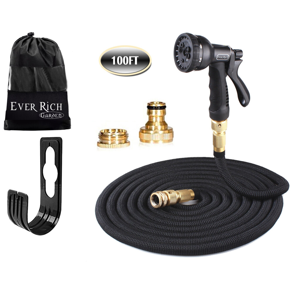 Ever Rich Black 100 Feet Newest Expandable Strongest Magic Hose Pipe with Brass Fittings & 8-pattern Spray Nozzle (Black)