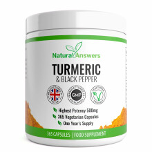 Natural Answers Turmeric Curcumin 365 Vegetarian Capsules, 500mg per Capsule, 1 Year Supply, UK Made, Black Pepper, One-A-Day, C-5060435203716