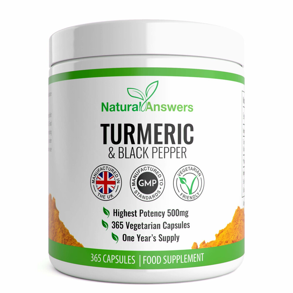 Natural-Answers Natural Answers Turmeric Curcumin 365 Vegetarian Capsules, 500Mg Per Capsule, 1 Year Supply, Uk Made, Black Pepper, One-A-Day, C-5060435203716