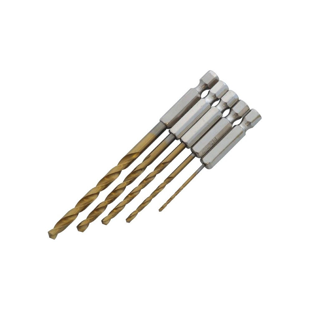 5pc Hss Titanium Coated Hex Shank Metal Drill Bit Set
