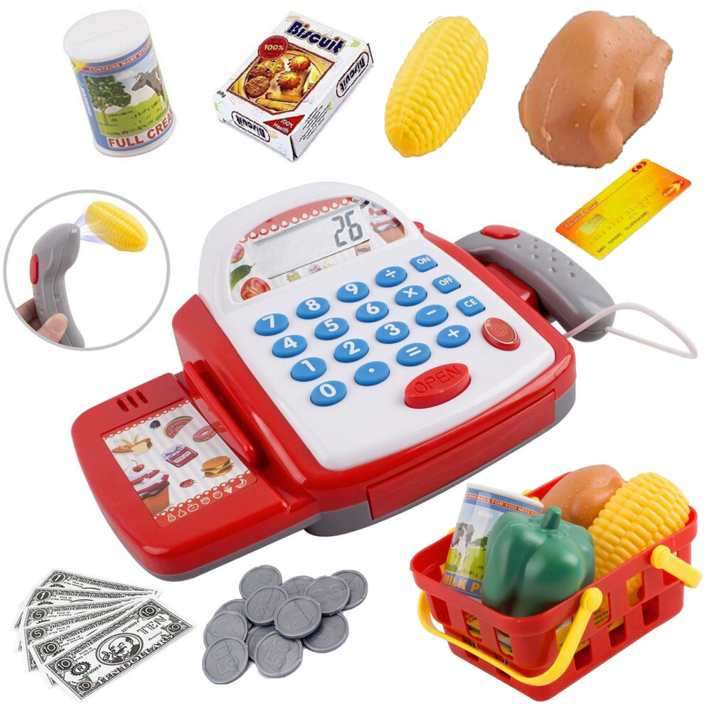 The Magic Toy Shop Kids Electronic Cash Register Toy Working Scan Till Play Food Shopping Basket