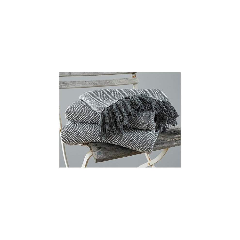 EHC Herringbone Super King 100% Cotton Throw for Sofa, Bedspread 250 x 380cm - Grey
