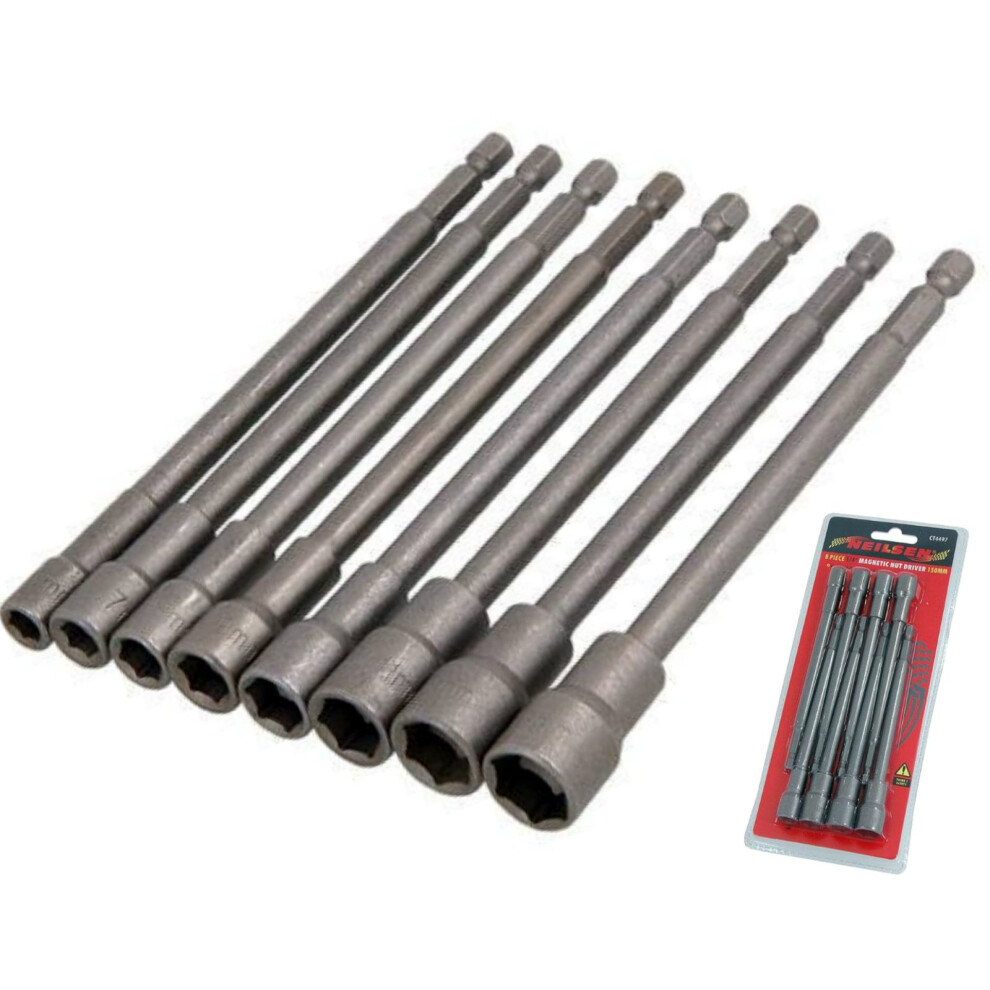 Neilsen 8pc Magnetic Nut Driver 150mm Long Socket Set Impact Drill Bits 1/4" Hex