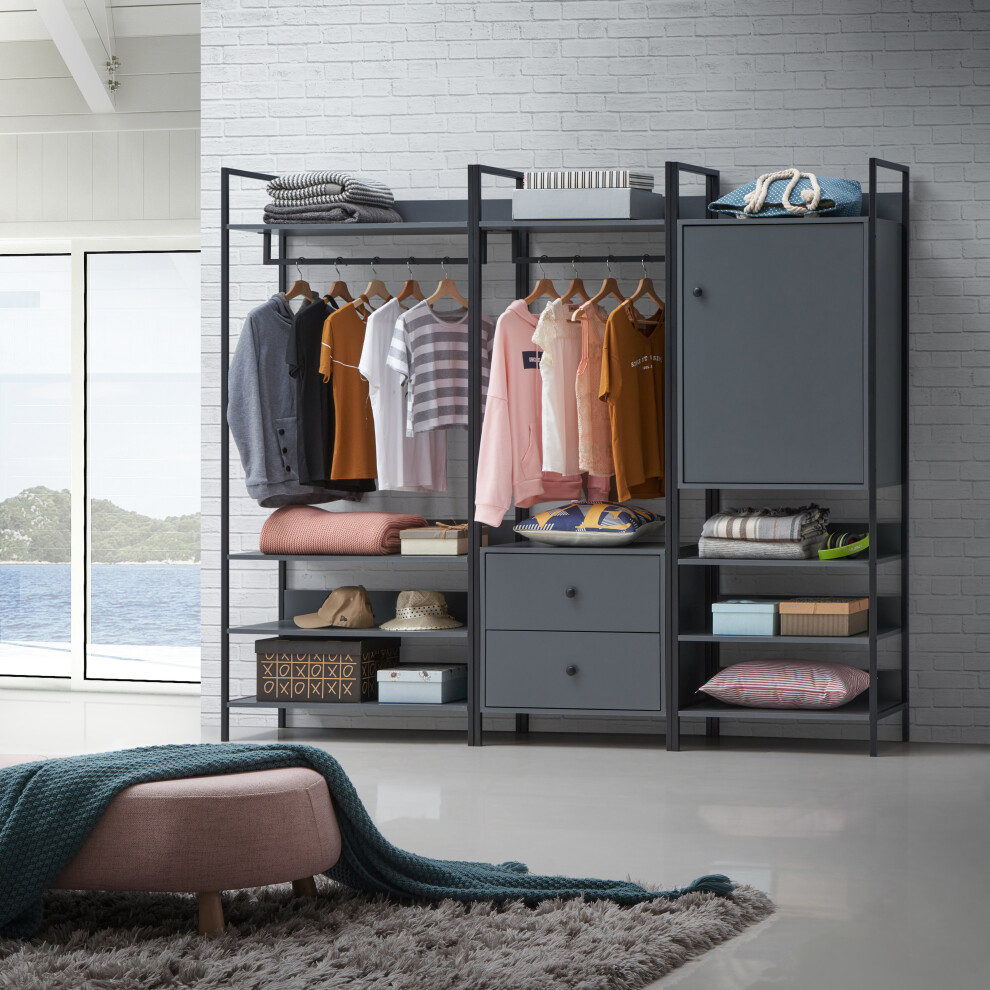 Zahra 3 Piece Bedroom Furniture Set Open Wardrobe Drawers Cabinet Dark Grey