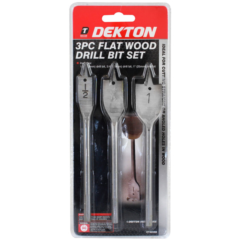 Dekton 3pc Flat Wood Drill Bit Set 13, 19 & 25mm