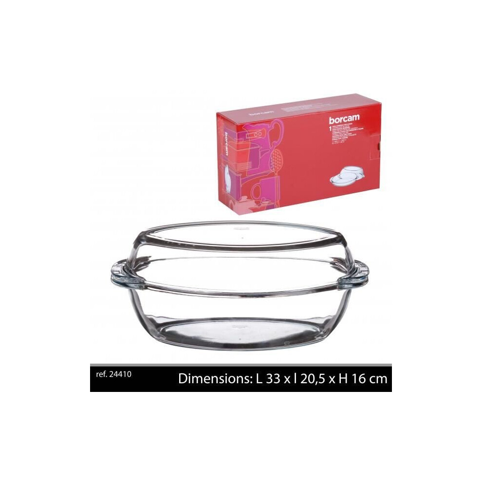 Borcam Oval Glass Casarole Dish With Lid 33X20,5X16Cm