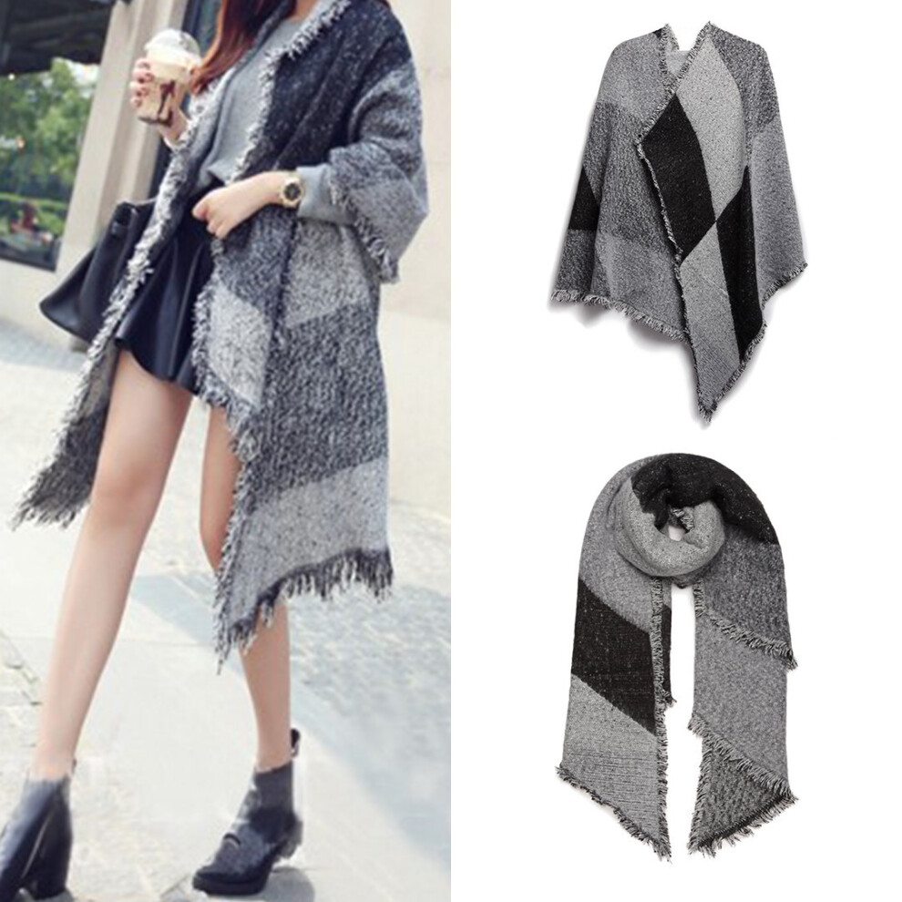 (Black) Women Ladies Fashion Plaid Scarf Blanket Winter Warm Wrap Shawl