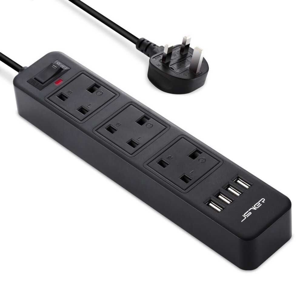 JSVER Extension Lead with 4 USB Ports Desktop Power Strip Smart Charging Station 3 Outlets for Home Travel, Black