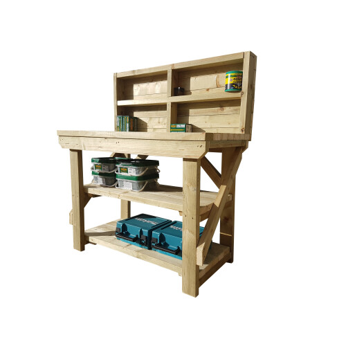 (3ft, Standard Legs) Wooden Workbench Indoor/Outdoor Double Shelf With Back Panel 1