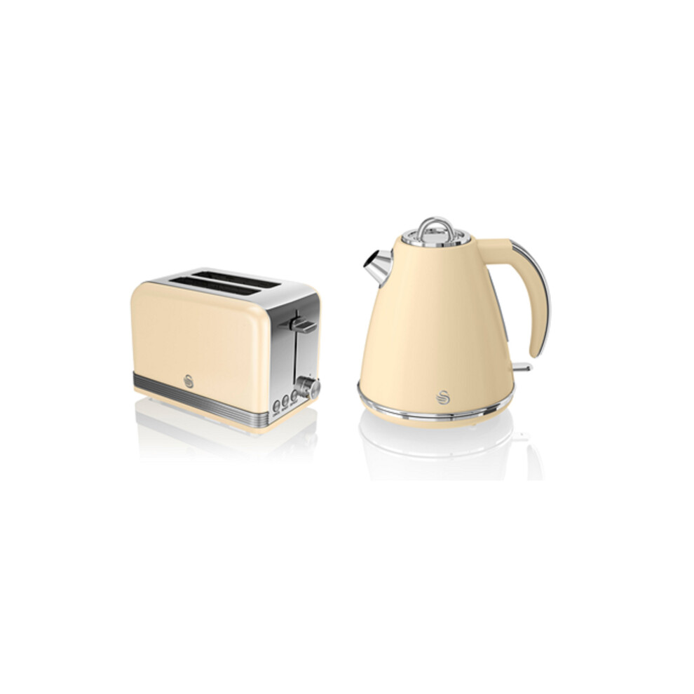 Swan, STP7040CN, Retro 1.5L Jug Kettle & 2 Slice Toaster, Stainless Steel Body, 3kw, Fast Boil, Slide Out Crumb Tray, Auto-Centering in Cream