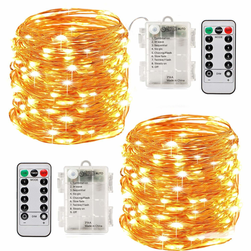 Led String Lights Battery Powered,[2 Pack] Fairy String Lights Battery Operated Waterproof 8 Modes 100 LED 33ft with Remote Control Christmas...