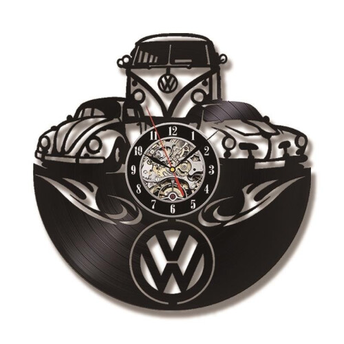 Volkswagen Car Logo Vinyl Record Hollow Black LED Wall Clock