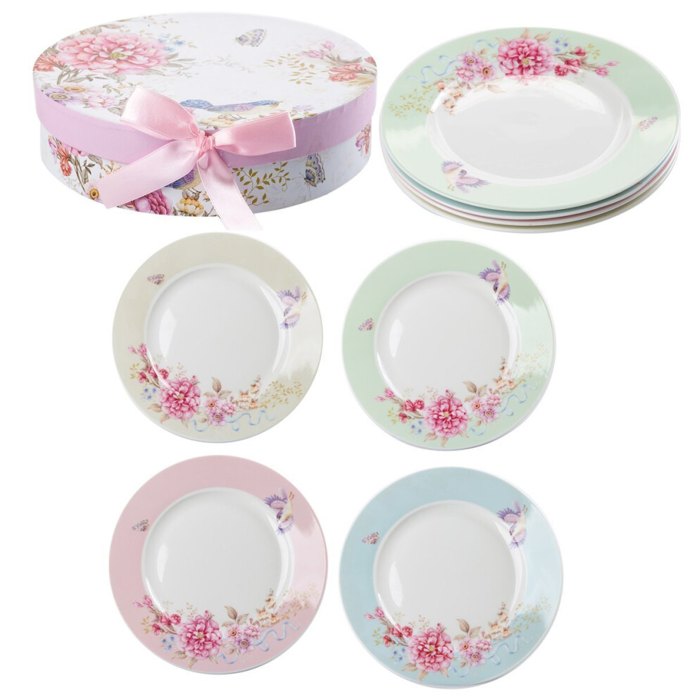 Porcelain Side Dessert Plates 7 Inches Wide Rimmed Shabby Chic Vintage Bird Butterly Floral set 4 in Gift box (1 Set)