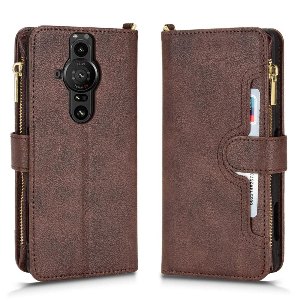 (Brown) Case For Sony XPERIA PRO-1 Card Holder Leather Cover Magnetic PU Leather Flip Zipper Wallet