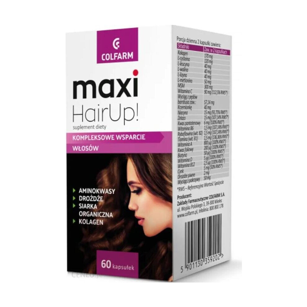 Polskie Suplementy Colfarm Maxi Hairup! Biotin Hair & Nails - 60 Capsules With Bamboo Shoot, Nettle, Collagen, Amino Acids, Iron, Zinc & Vitamins