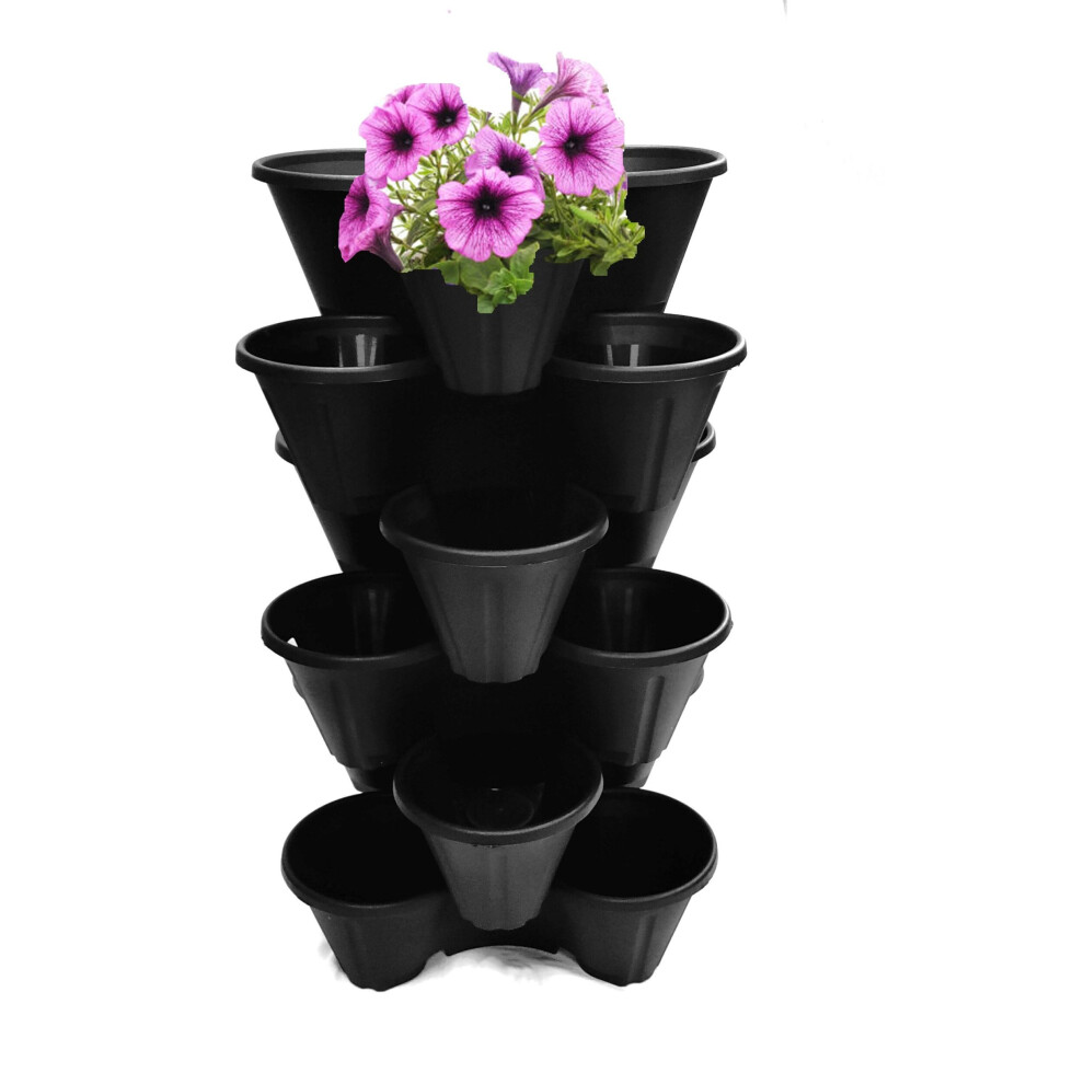 6 Black Strawberry Trio Planter Flower Pot Stackable Plastic Planter