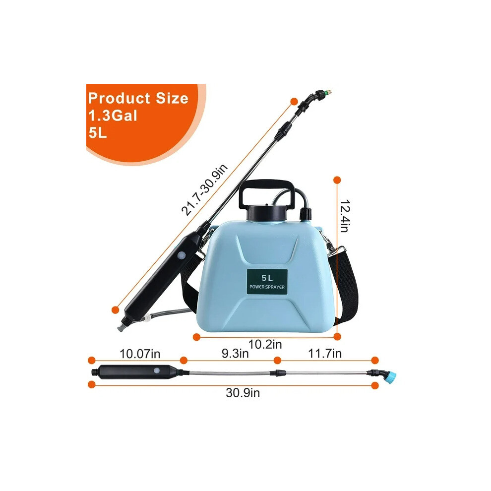 DWDÂ® Power Sprayer 5L Electric USB Rechargeable Handle 3 Hours Use Adjustable Wand 60cm Reach Portable Garden Water Sprayer 3 Mist Nozzles