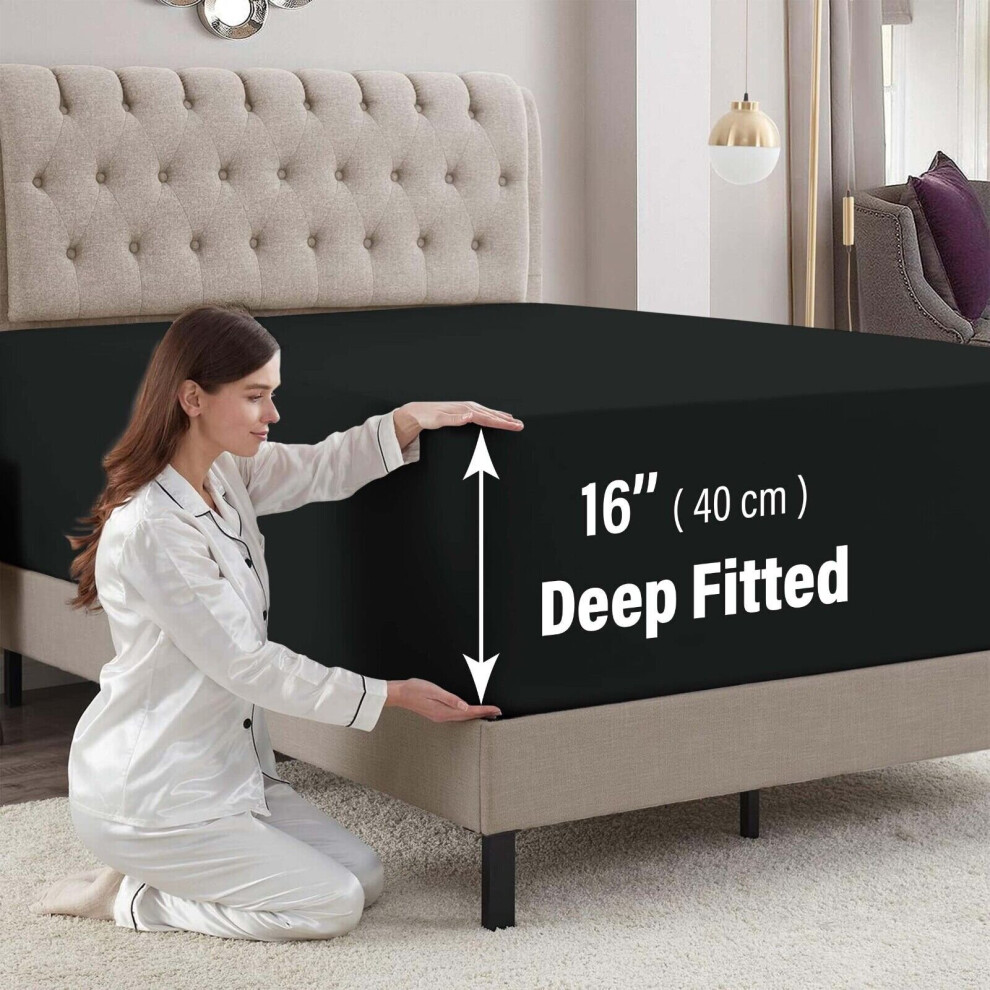 (Black, Single) Extra Deep 40CM Fitted Sheet Bed Sheets Single Double King