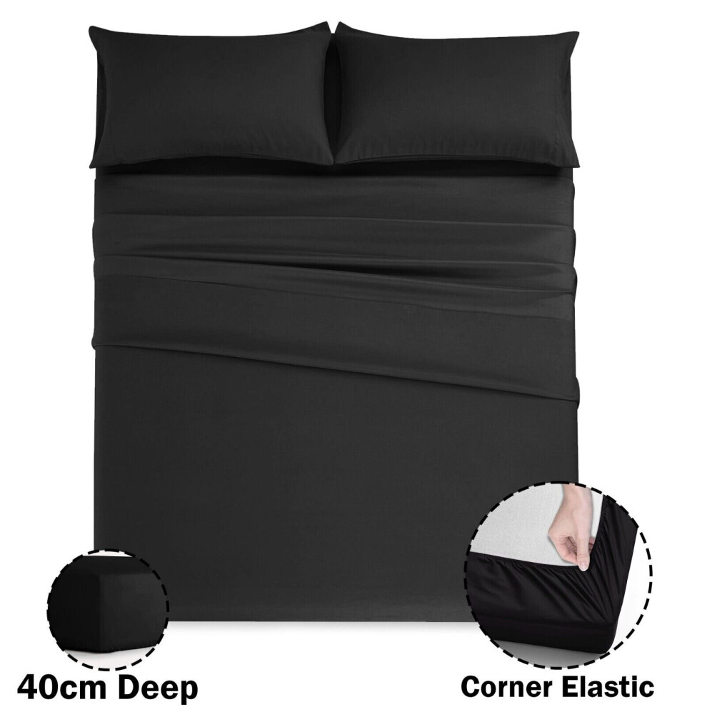 (Black, Super King) 40Cm Extra Deep Fitted Sheet Bed Mattress Sheets