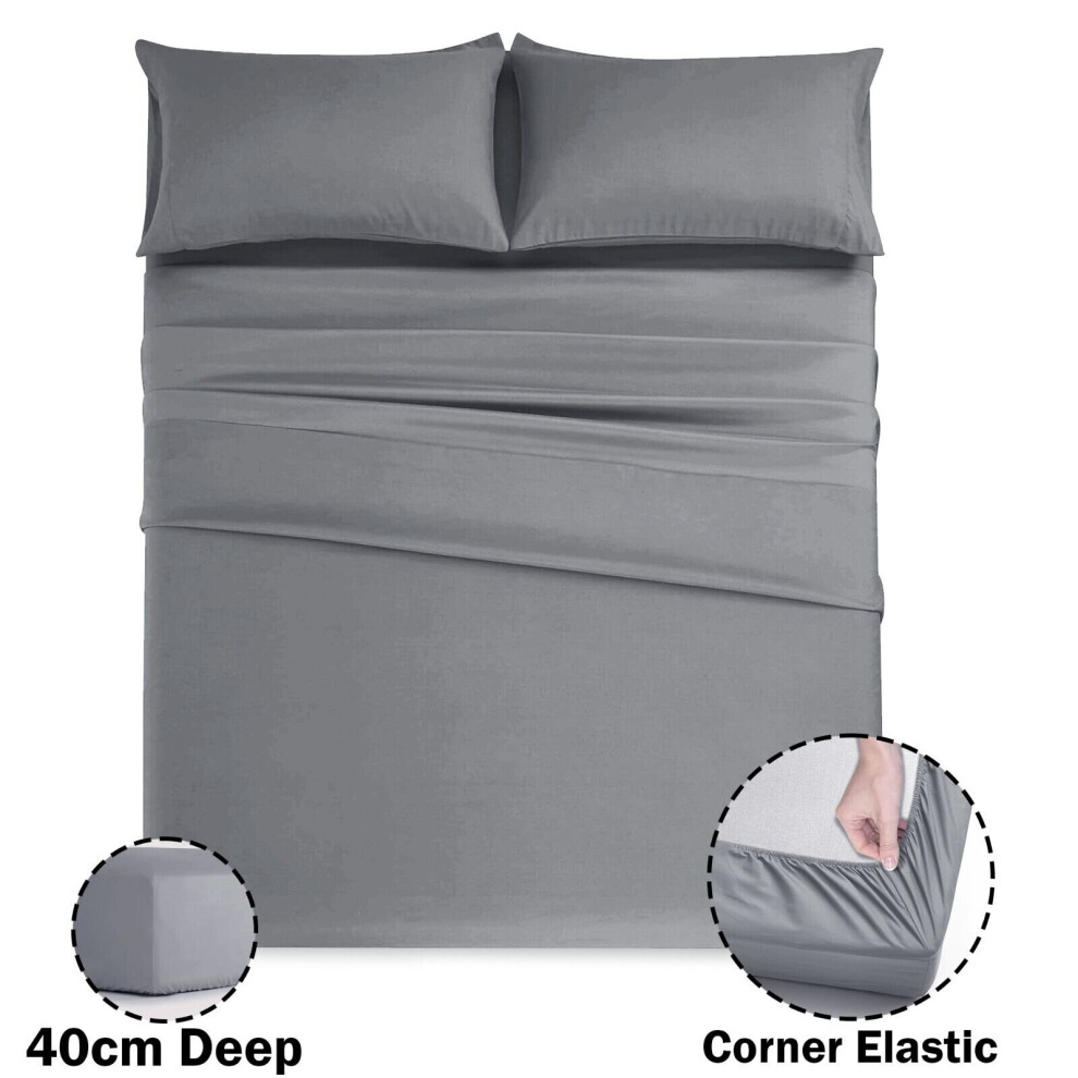 (Grey, Double) 40Cm Extra Deep Fitted Sheet Bed Mattress Sheets