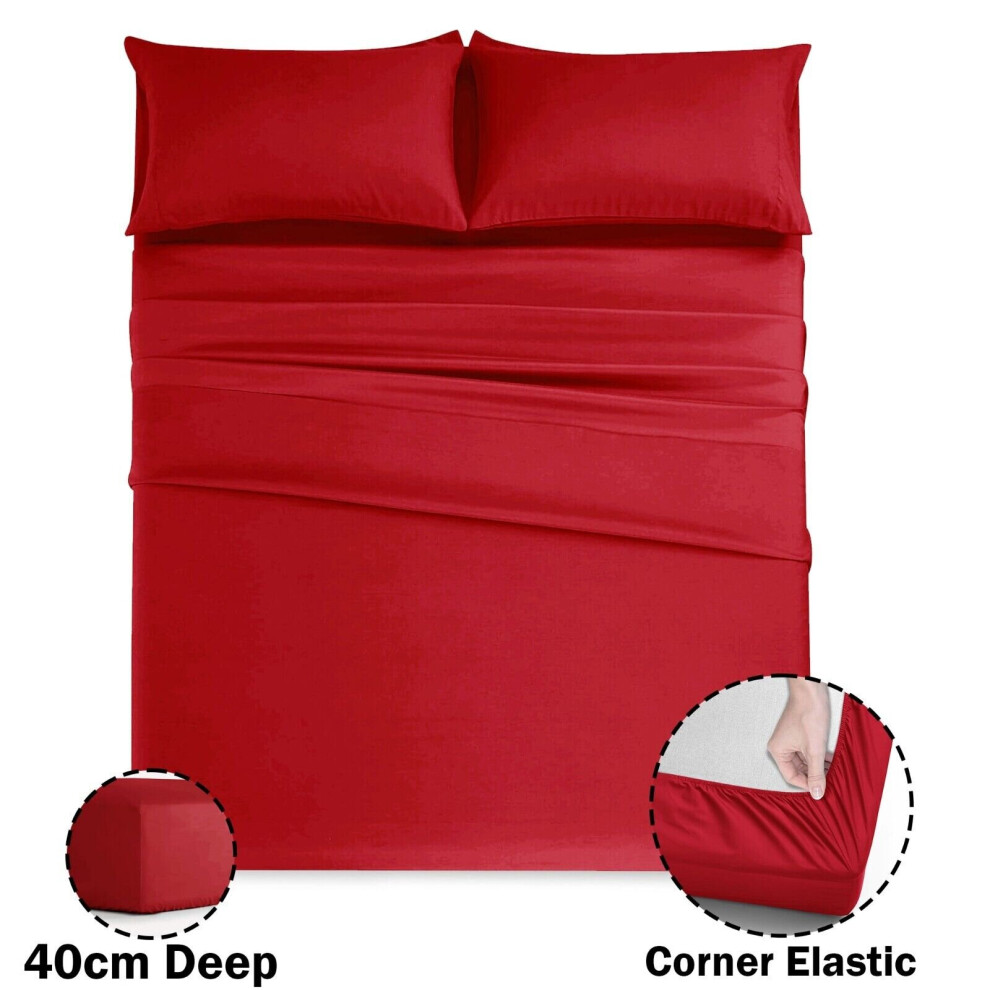 (Red, Double) Extra Deep 40CM Fitted Sheet Bed Sheets Single Double King