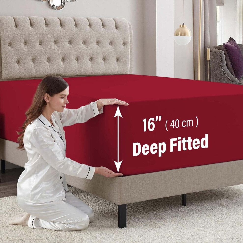 (Red, King) 40Cm Extra Deep Fitted Sheet Bed Mattress Sheets