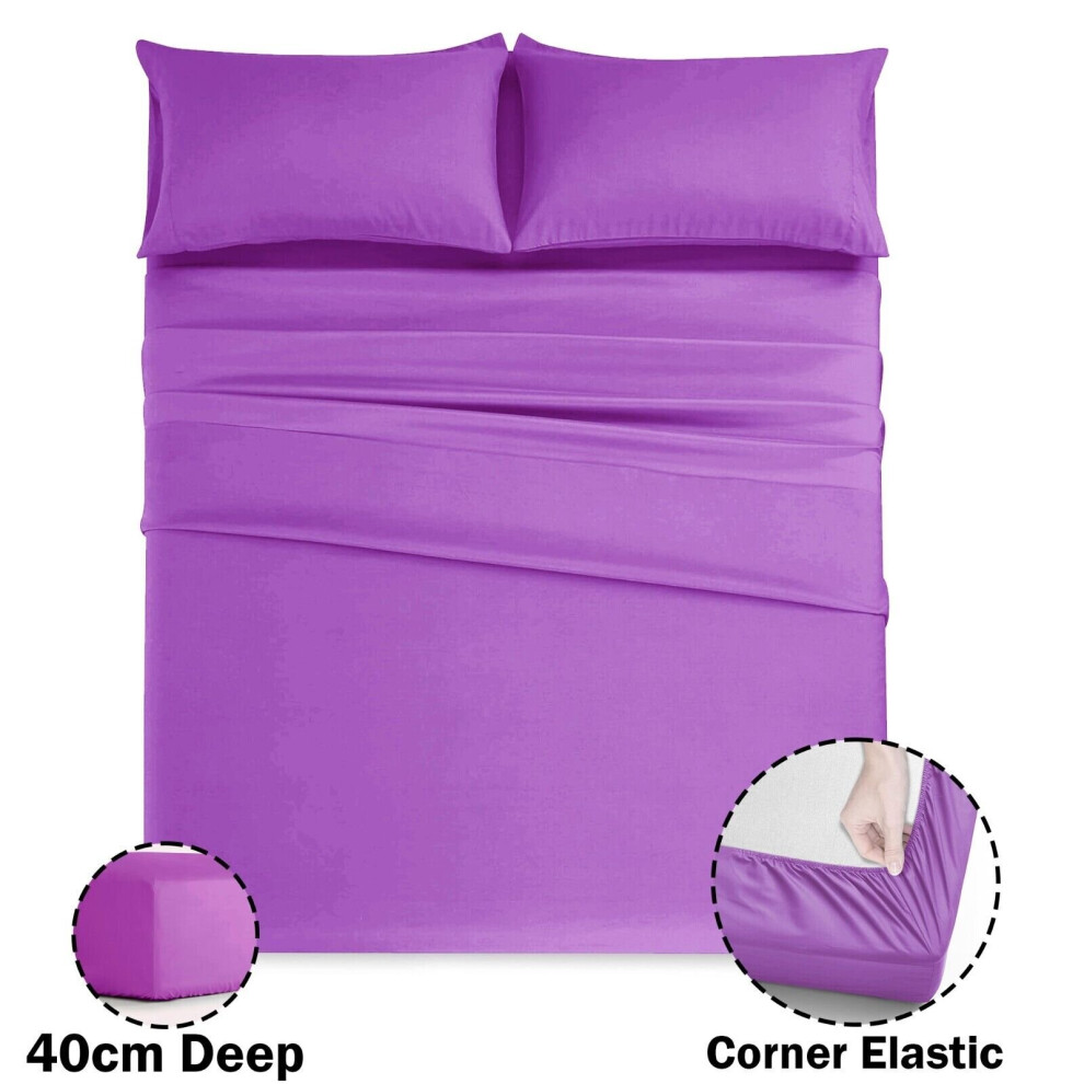 (Purple, Single) 40Cm Extra Deep Fitted Sheet Bed Mattress Sheets