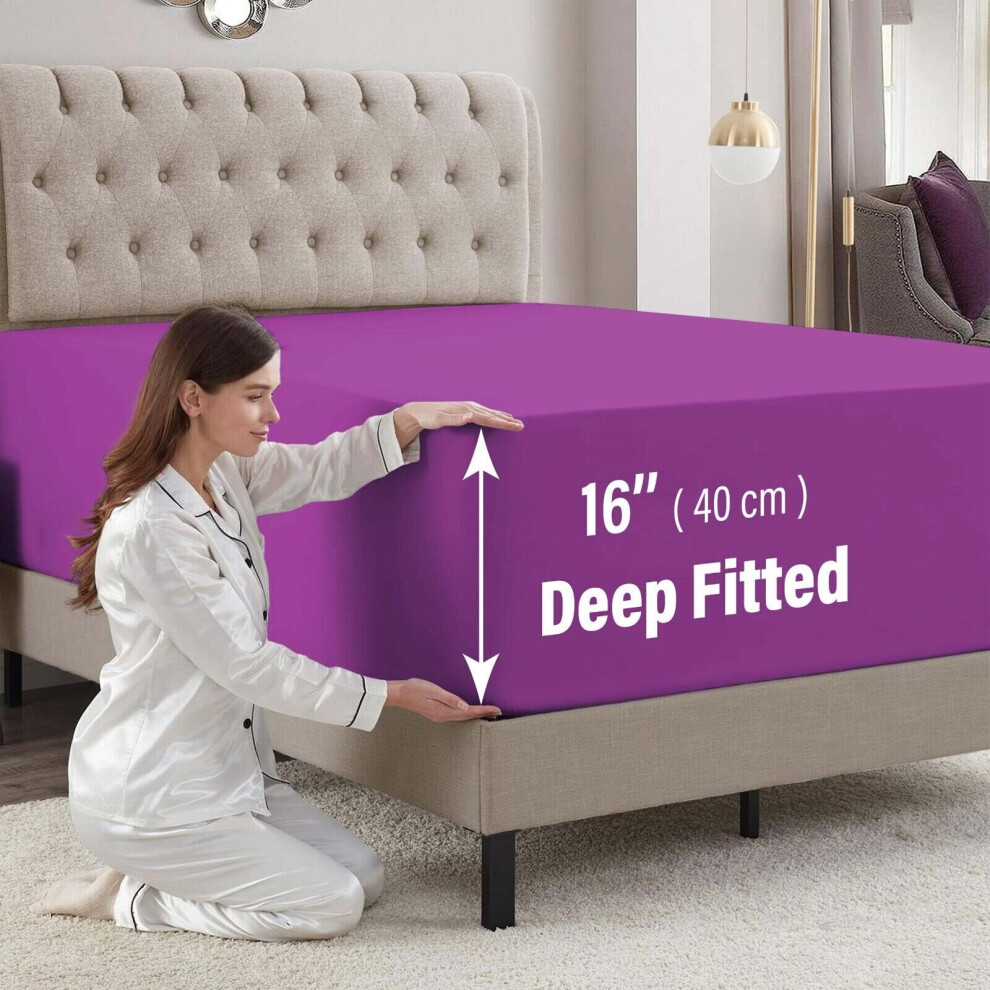 (Purple, Super King) 40Cm Extra Deep Fitted Sheet Bed Mattress Sheets