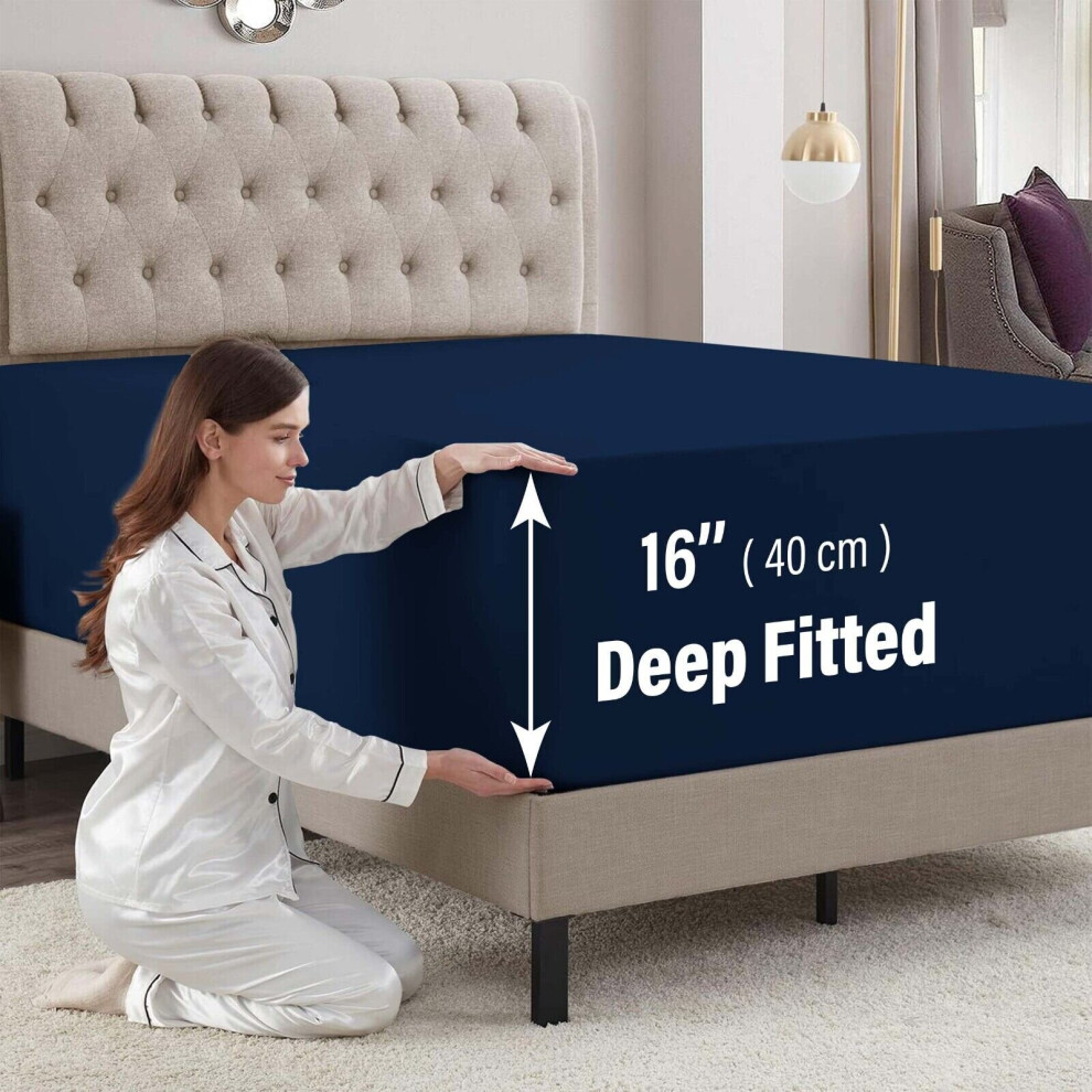 (Navy, Double) Extra Deep 40CM Fitted Sheet Bed Sheets Single Double King