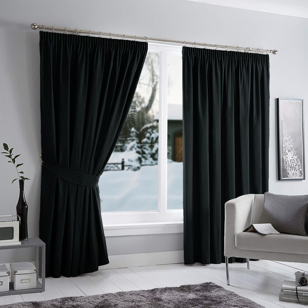 (Black, 90" x 90") Insulated Plain Curtains Heavy Thermal Blackout Pencil Pleat Curtain Pair Free Tieback