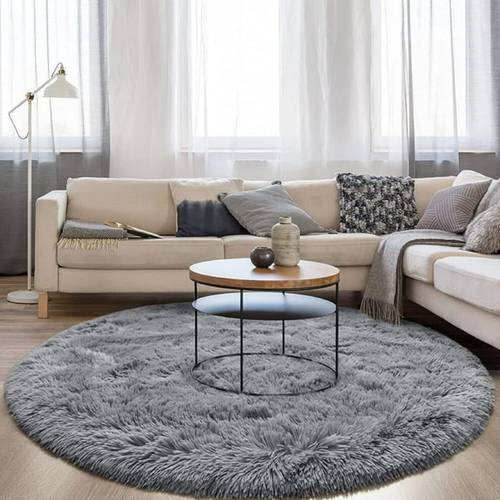 (120cm x 120cm (4ft x 4ft)- Circular Round Rug Carpet) Grey Shaggy Rugs Large Soft Pile Living Room Rug