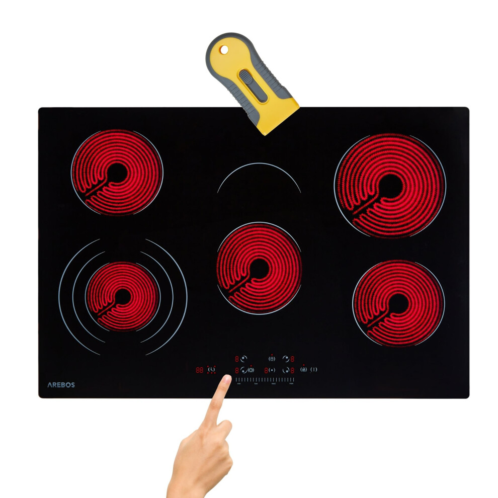AREBOS glass ceramic hob | 8700 W | 5 hobs | 77 cm | self-sufficient | incl. three-ring zone and roasting zone | with Sensor Touch | childproof lock